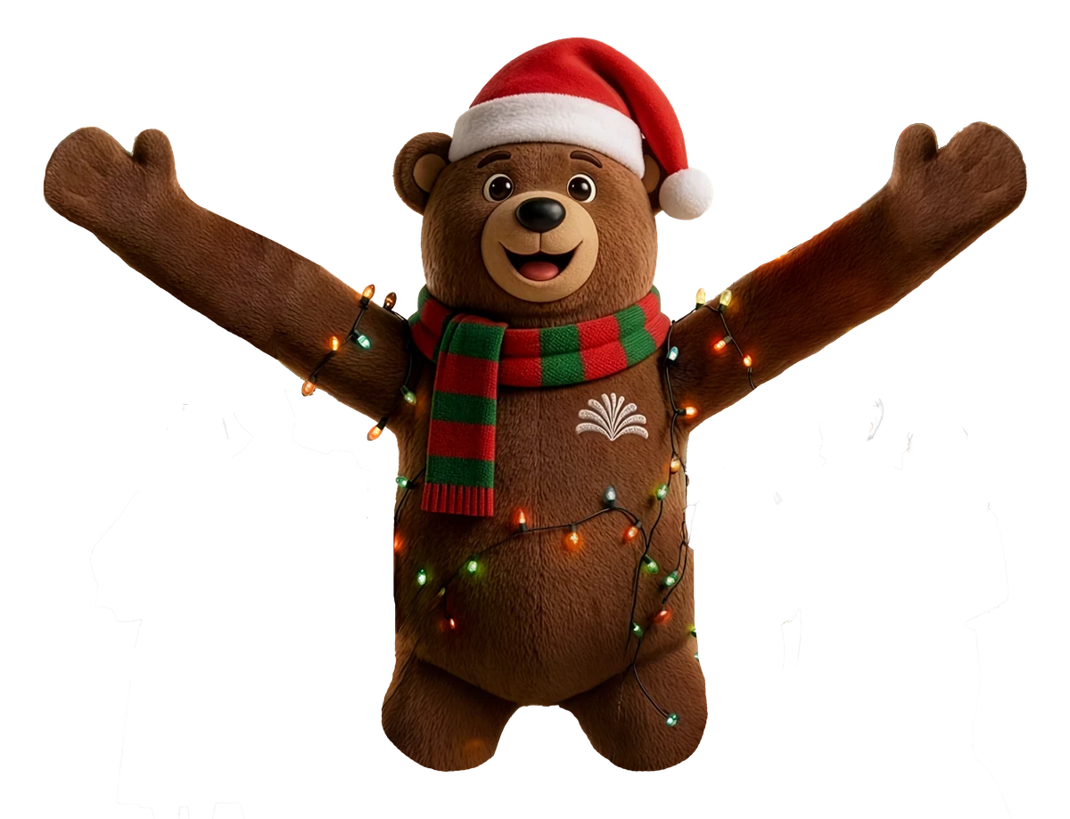 Oso navideño con gorro rojo y bufanda, con los brazos abiertos